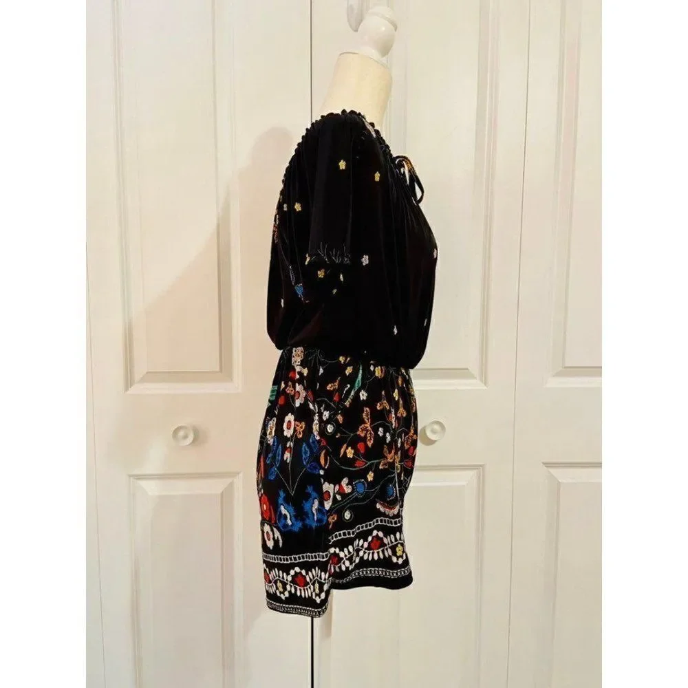Black floral short sleeve boho romper small
